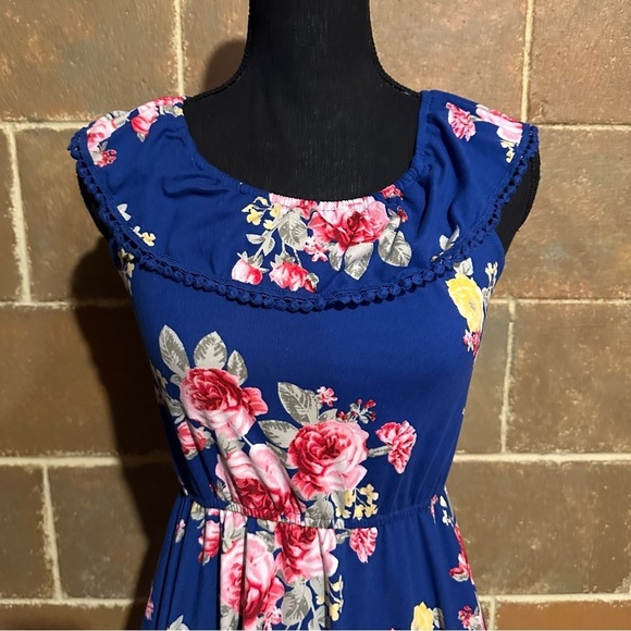 Zunie Blue Floral Jersey Knit Stretch Dress Women's L Large - Picture 3 of 8